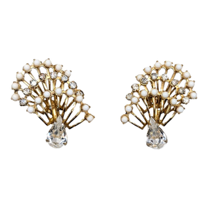 Vintage Signed Hattie Carnegie White Cabochon & Clear Rhinestone Clip Earrings-2 Pieces
