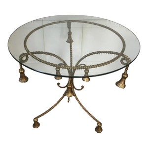 Hollywood Regency Gilt Metal Rope & Tassel Side Table W/ Glass Top 1960s