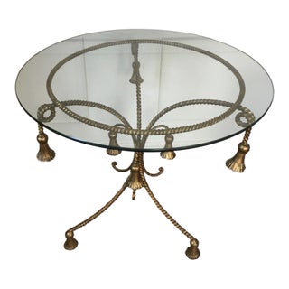 Hollywood Regency Gilt Metal Side Table W/ Glass Top, 1960s Rope & Tassel Design For Sale