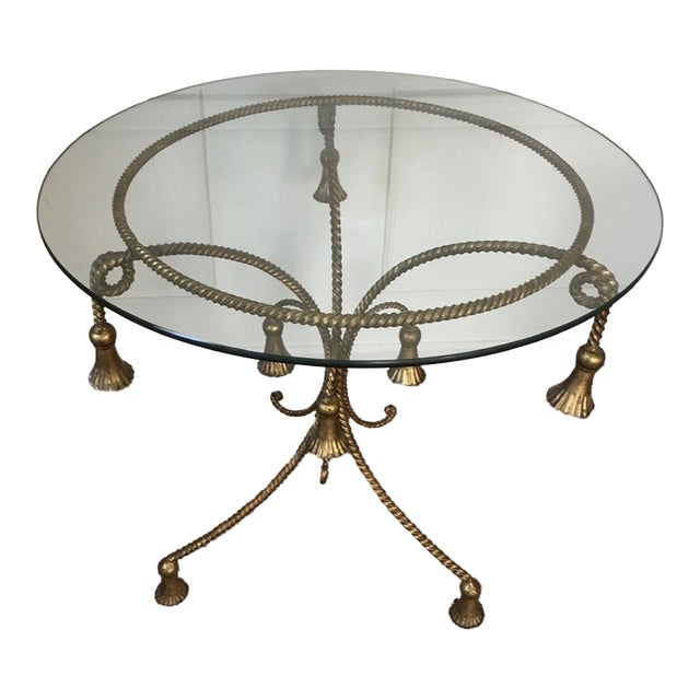 Hollywood Regency Gilt Metal Side Table W/ Glass Top, 1960s Rope & Tassel Design For Sale