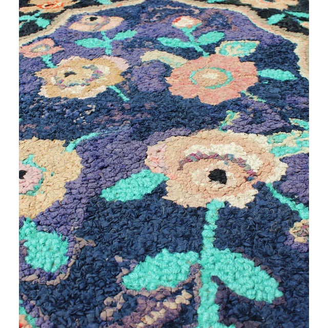 Textile American Hooked Rug in Floral Pattern With Medallion on Purple/Blue, Black For Sale - Image 7 of 9