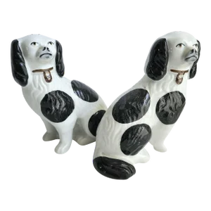 Vintage Chinoiserie Style Staffordshire Dog Statues Black & White - a Pair