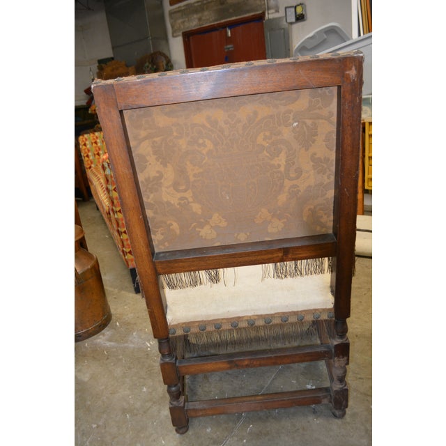 Antique Carved Wood Arm / Throne Chair Straw / Hair Stuffed W/ Metal Rivets For Sale - Image 6 of 17
