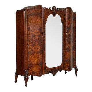 Baroque Venetian Hand-Carved Walnut & Burl Walnut Wardrobe with Mirror, 1910s For Sale