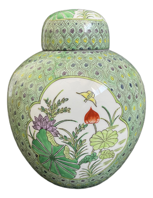 Chinese Famille Verte Porcelain Ginger Jar With Lotus Pond Scenery
