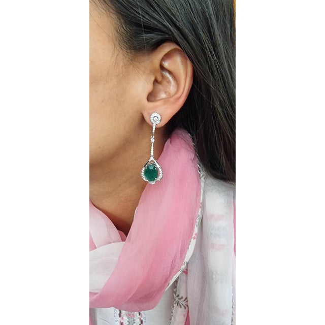 Arts & Crafts 10.18 Carats Natural Zambian Emerald Earrings with Diamonds 1.43 Carats 14k Gold For Sale - Image 3 of 18