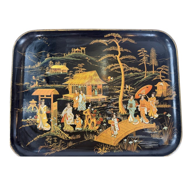 Early 20th Century Large Chinoiserie Lacquer Tray With Courtly Garden Scene For Sale - Image 9 of 9