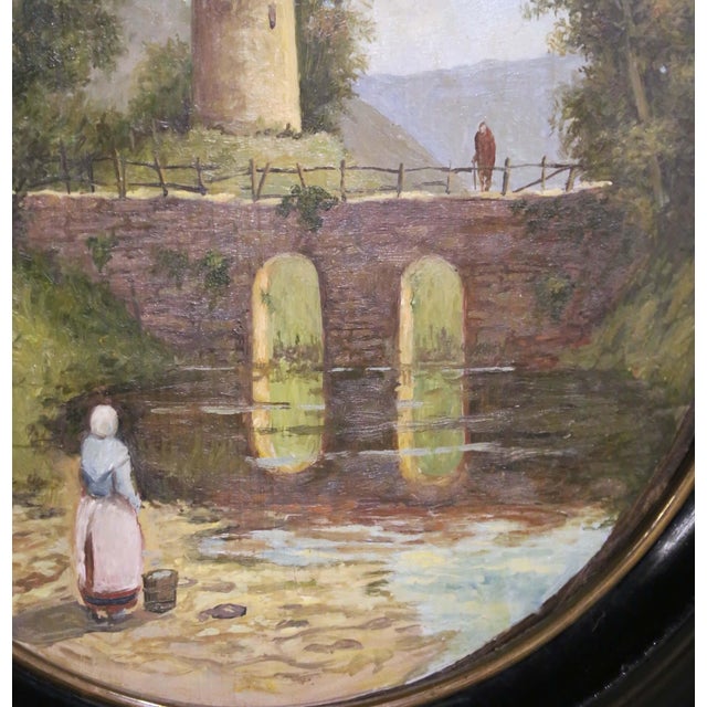 19th Century French Oval Landscape Oil Painting With Bridge and Ruins For Sale In Dallas - Image 6 of 9