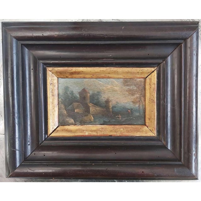 Sky Blue Pair of Flemish Cabinet Landscapes, Oil on Oak Panel, 17th Century. For Sale - Image 8 of 10
