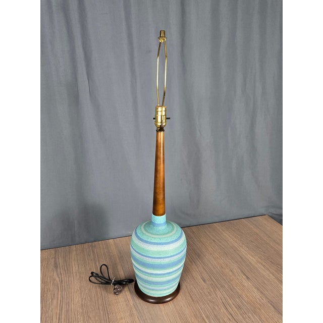 Wood Mid 20th Century Danish Modern Blue Turquoise Striped Pottery Table Lamp For Sale - Image 7 of 14