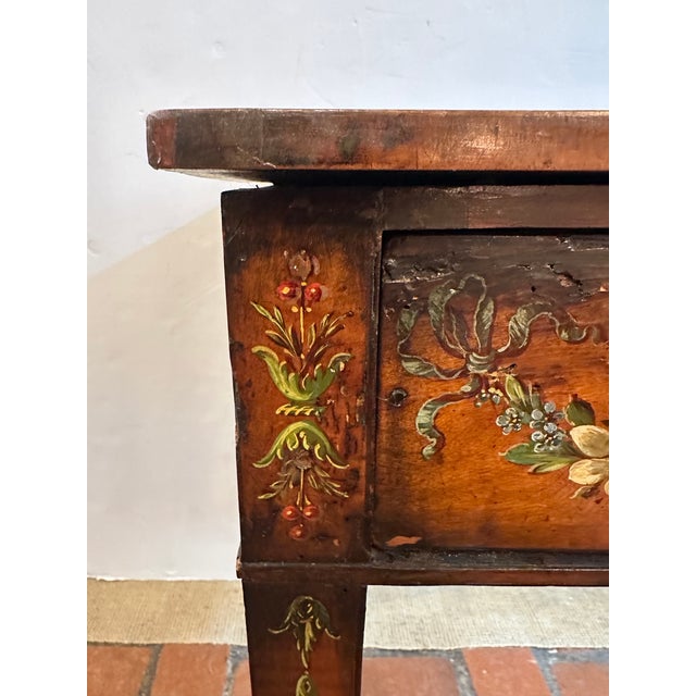 Gorgeous late 1700’s Adam style French hand painted side table or small desk having flower and ribbon decoration, tapered...