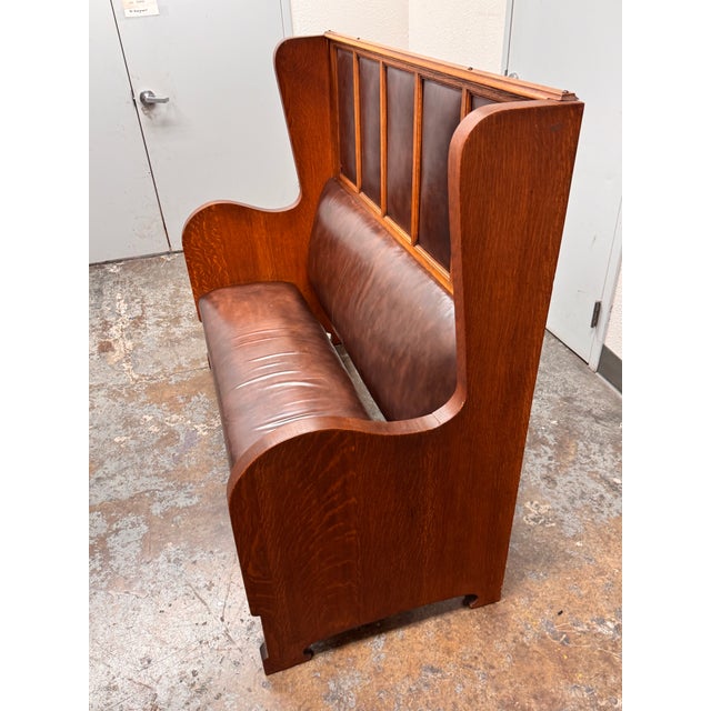Antique High-Back Oak + Leather Settle Bench For Sale In San Francisco - Image 6 of 12