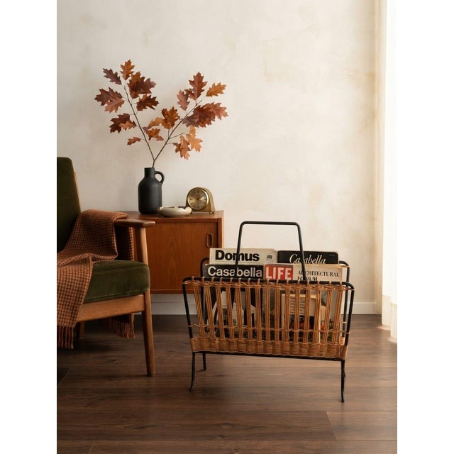 Mid-Century Modern Woven Rattan and Black Wrought Iron Magazine Rack, 1950s For Sale - Image 11 of 12