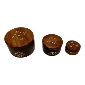 1970s Vintage Wooden Brass Inlaid Round Jewelry Boxes - Set of 3