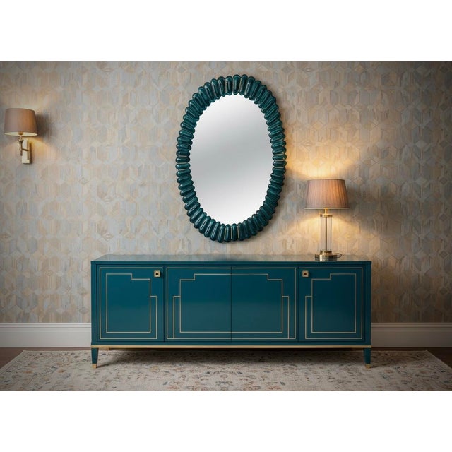 Stunning mirror in blazing aquamarine blue color Murano glass, Venice. A mirror that alone will furnish your home...