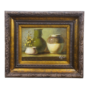 Late 20th Century Timeless Treasures Vase Crock Yellow Flowers Still Life Oil Painting 27"