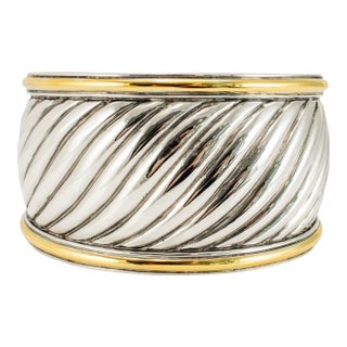 David Yurman 18k Yellow Gold Silver Two-Tone Sculpted Cable Cuff Bangle Bracelet For Sale