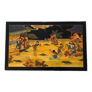 Vintage Japanese Geisha Girls Hand-Painted Wood Wall Hanging Plaque For Sale