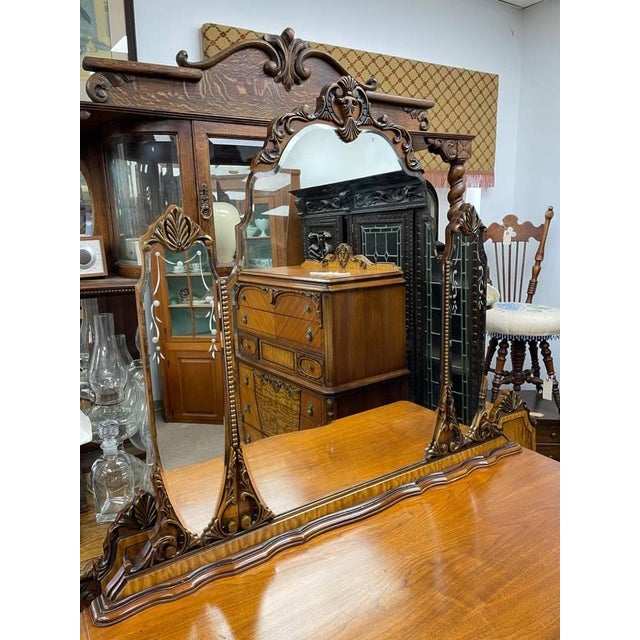 Wood Antique 1930's Bedroom Mirrored Dresser, Hand Carved Walnut, Burl Inlay, Beveled Glass, 5 Drawers For Sale - Image 7 of 15