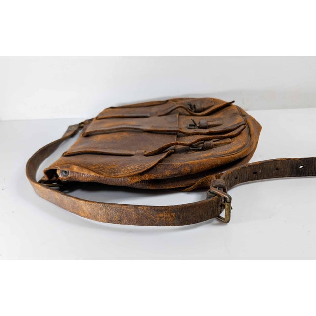Animal Skin Early 20th Century Us Army Distressed Leather Messenger Bag For Sale - Image 7 of 12