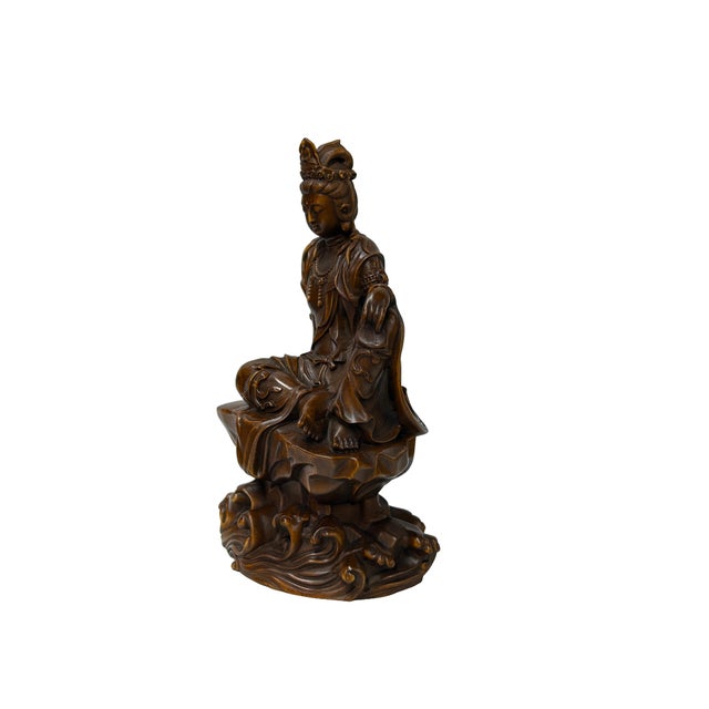 Religious 5.75" Hand-Carved Wood Cross Leg Bodhisattva Figurine Sculpture Tang Style Art For Sale - Image 3 of 6