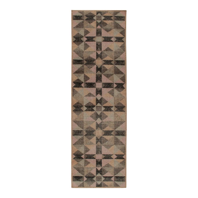 Rug & Kilim’s Distressed Style Runner in Beige, Black, Pink Scandinavian Pattern For Sale