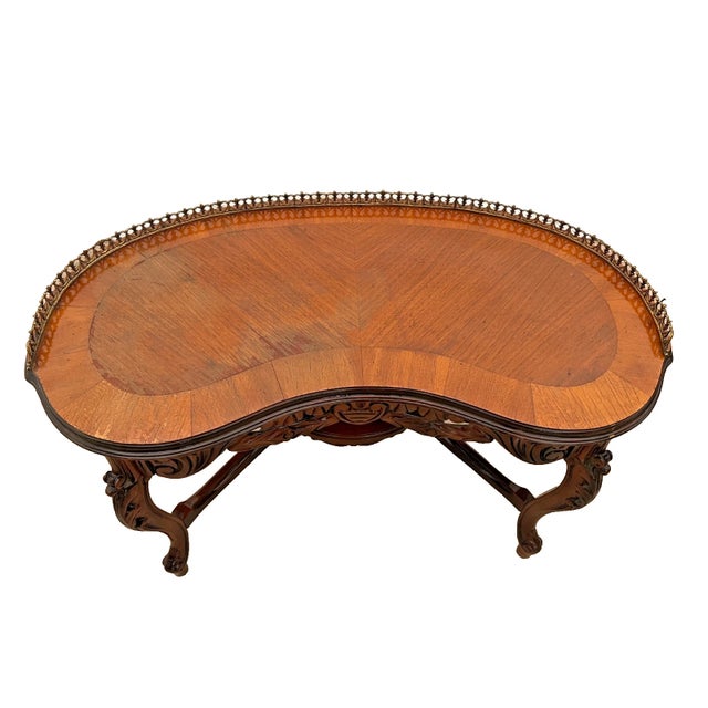 French Antique French Coffee Table Kidney Shape Carved Scroll Work, Bottom Shelf Petite For Sale - Image 3 of 11