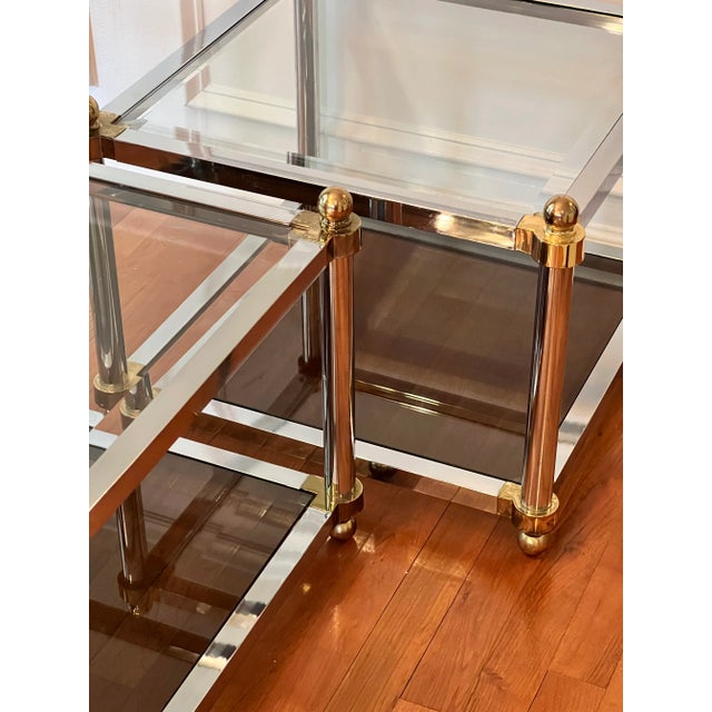 1970s Mid Century Maison Jansen Style Two Tier Brass and Chrome Glass Square Tables, Pair For Sale - Image 5 of 12
