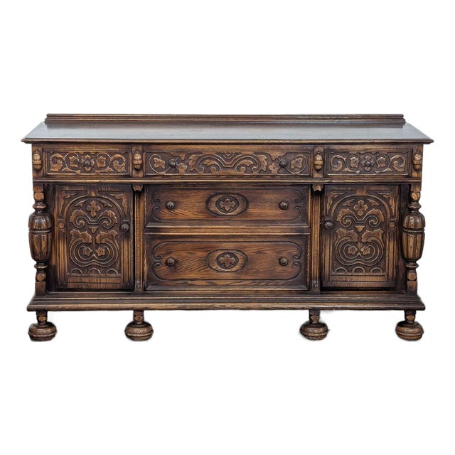 Vintage Wood Carved Sideboard For Sale