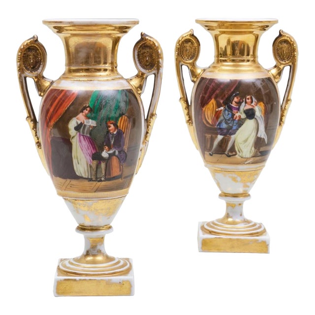 A Pair of 19th Century French Empire Vases Old Paris Porcelain Gilt Ground Pastoral and Figural Mant For Sale