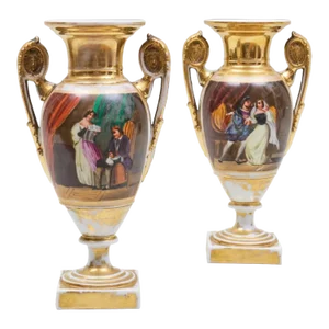 A Pair of 19th Century French Empire Vases Old Paris Porcelain Gilt Ground Pastoral and Figural Mant