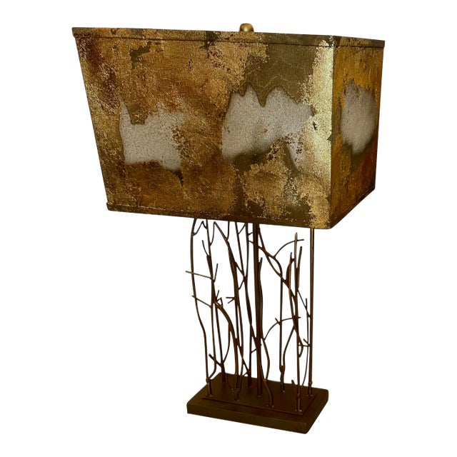 Vintage 1970s Modern Tropical Bamboo Gilt Metal Gilt Linen Table Lamp For Sale