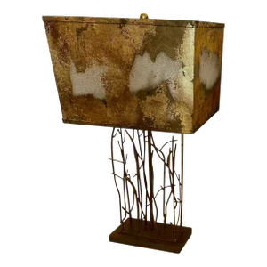 Vintage 1970s Modern Tropical Bamboo Gilt Metal Gilt Linen Table Lamp