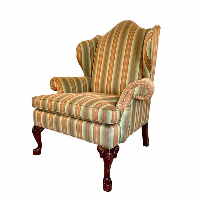 Pair of Vintage Queen Anne Style Wingback Club Chairs With Striped Upholstery For Sale - Image 4 of 7