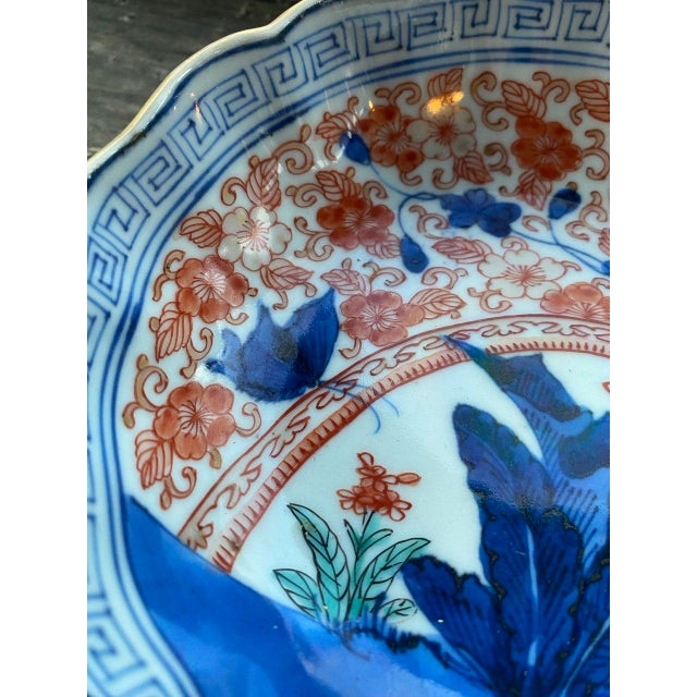 Japanese Antique Japanese Arita Imari Scalloped Porcelain Bowl – Hand Painted Blue & Iron Red For Sale - Image 3 of 13