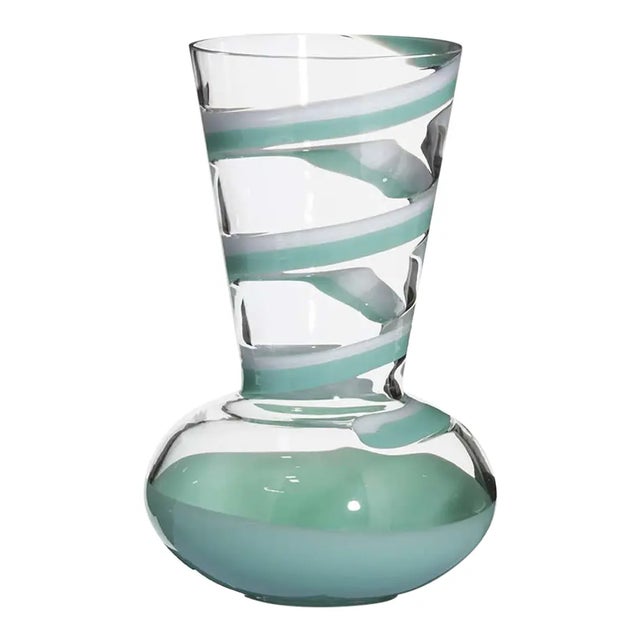 Carlo Moretti Sturm contemporary mouth blown Murano glass vase in clear glass with light sea foam green base and and sea...