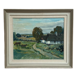 Hjalmar Lindblom, Farms with Grazing Cows, 1950s, Oil on Canvas, Framed For Sale
