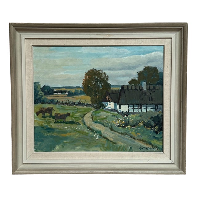 Hjalmar Lindblom, Farms with Grazing Cows, 1950s, Oil on Canvas, Framed For Sale