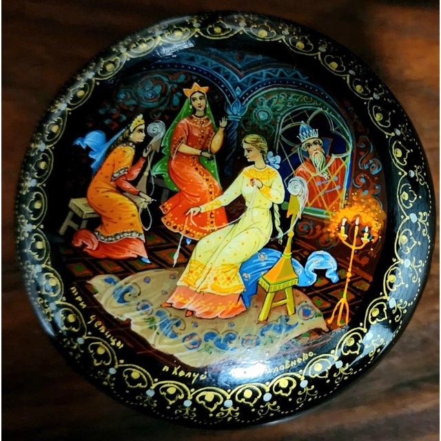 Russian Vintage Polychrome Painted Fine Black Lacquer Covered Round Box For Sale - Image 4 of 10