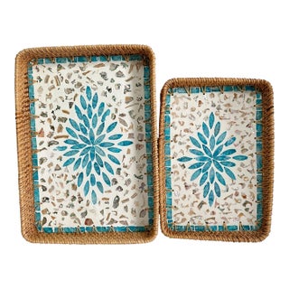 A Set of Two Rectangular Trays With Blue Floral and Leaf Patterns Rattan and Mother-of-Pearl Inlays For Sale