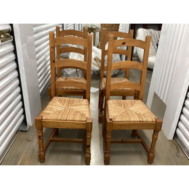 French Vintage Pine Rush-Seat Tall Back Chairs For Sale - Image 9 of 11