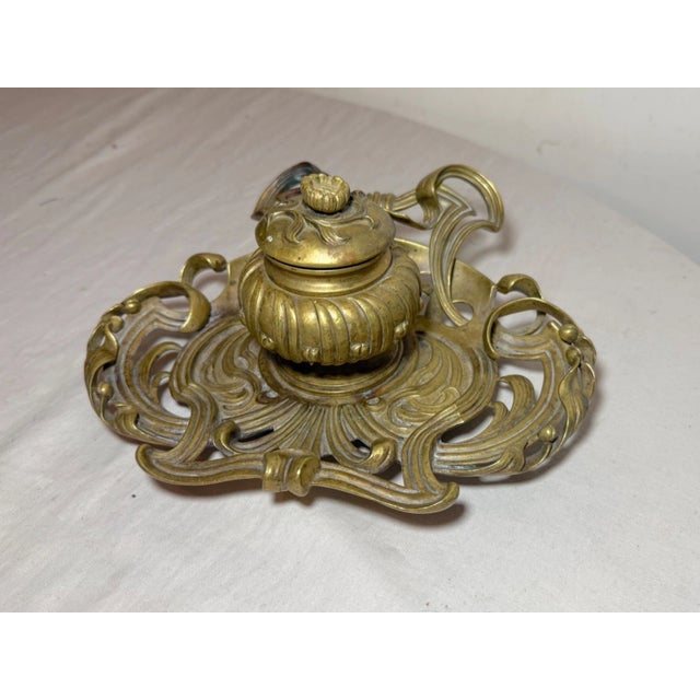 19th Century Antique Ornate 19th Century Art Nouveau Gilt Bronze Brass Desk Inkwell Stand Jar For Sale - Image 5 of 15