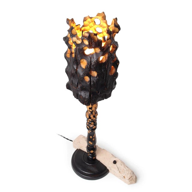 Torch Lamp - Sculptural Wood and Limestone Table Lamp by Gabor Gobi For Sale - Image 11 of 11