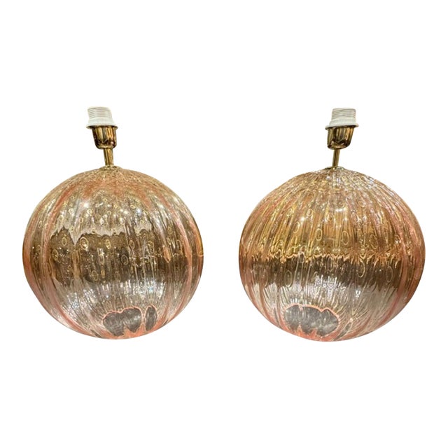 Pair of Large Scale Pink Murano Globe Lamps For Sale