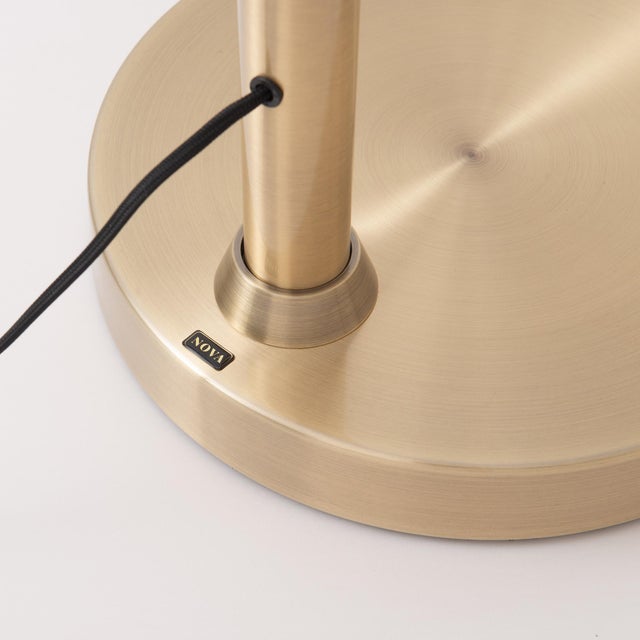 Bloom Float Chairside Arc Lamp - Weathered Brass, Steel Base, Sphere White Satin Shade, 92" Height For Sale In Los Angeles - Image 6 of 7