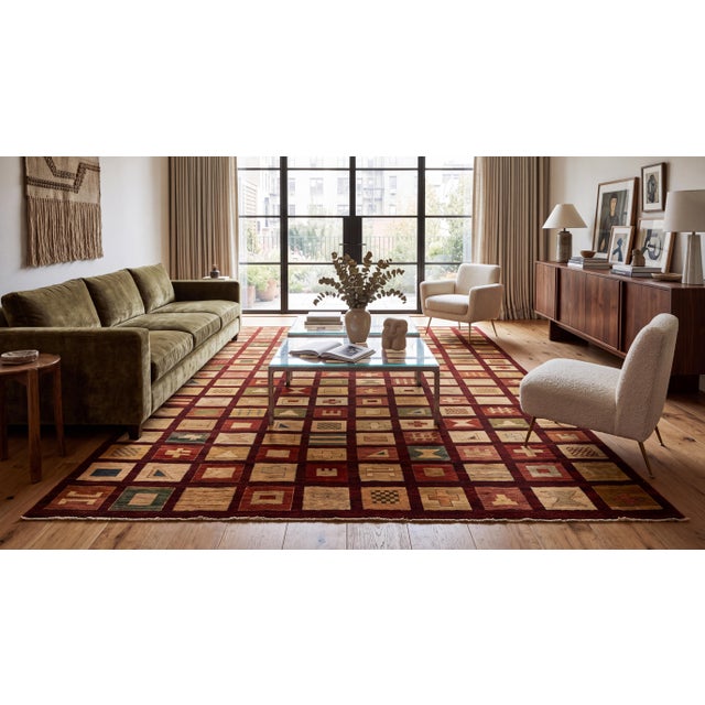 Elevate your space with this hand-knotted modern wool area rug, featuring an intricate grid of abstract, geometric...