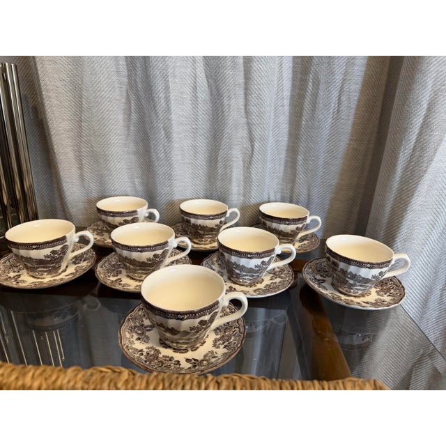 Gorgeous and stylish vintage set of eight made in England chocolate brown transfer-ware Chinoiserie motif tea cups and...