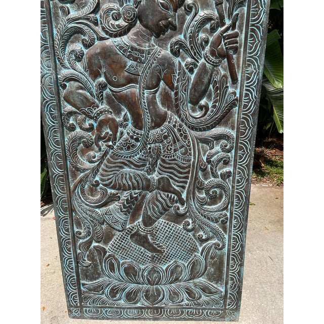 Mid-Century Modern Vintage Wall Decor Barn Door Panel Dancing Krishna Carving Wall Hanging 72 For Sale - Image 3 of 5