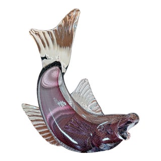 Vintage Murano Art Glass Leaping Fish Sculpture — Amethyst Sommerso With Bullicante, Mid-Century Italian For Sale