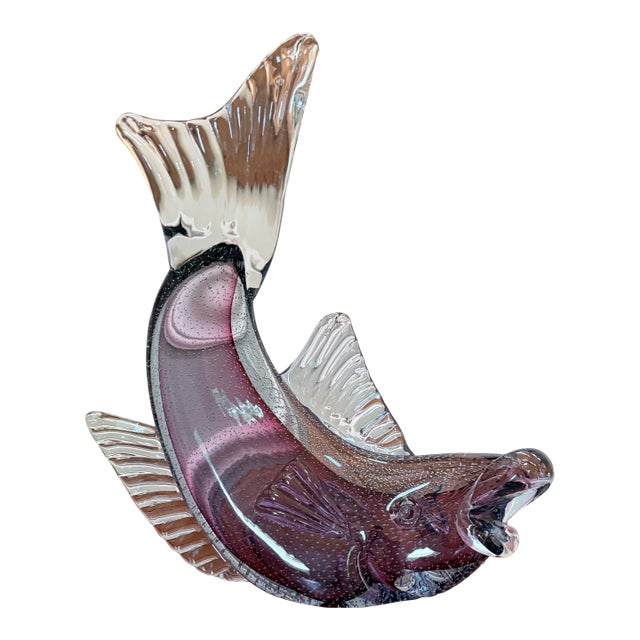 Vintage Murano Art Glass Leaping Fish Sculpture — Amethyst Sommerso With Bullicante, Mid-Century Italian For Sale